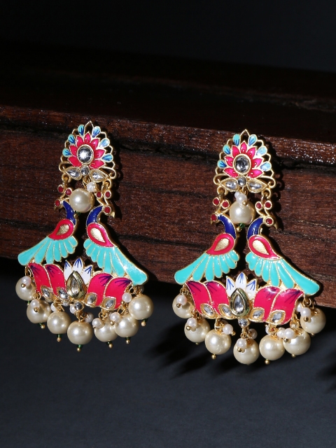 

OOMPH Pink & Green Gold-Plated Peacock Shaped Drop Earrings
