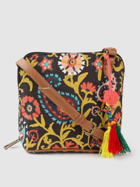 

Anouk Black & Mustard Yellow Ethnic Motifs Print Sling Bag with Tasselled Detail