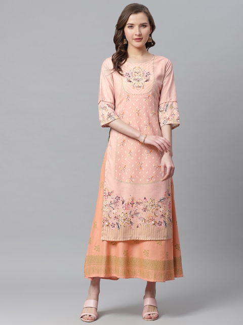 

Shree Women Peach-Coloured & Green Printed Layered Maxi Dress