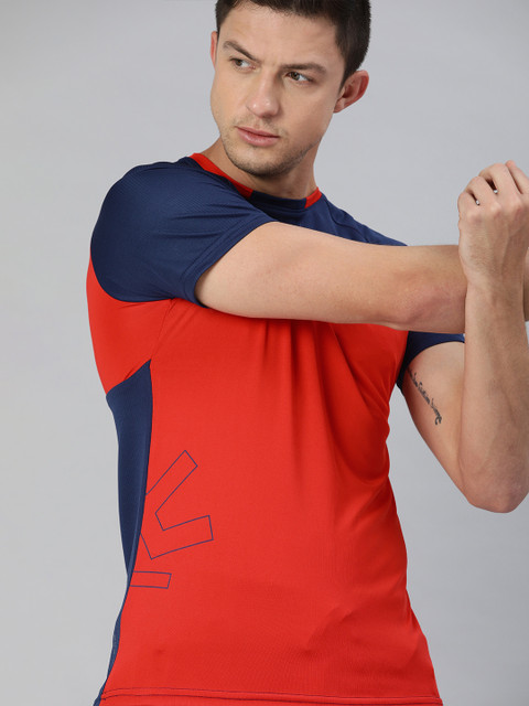 

WROGN ACTIVE Men Red & Navy Blue Colourblocked Round Neck T-shirt