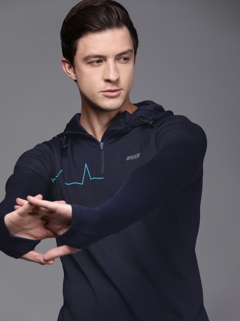 

WROGN ACTIVE Men Navy Blue Self Design Hood T-shirt With a Thumbhole Detailing