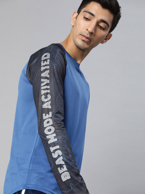 

WROGN ACTIVE Men Blue Solid Round Neck T-shirt with Printed Sleeves