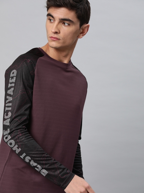 

WROGN ACTIVE Men Burgundy Striped Round Neck T-shirt with Printed Sleeves