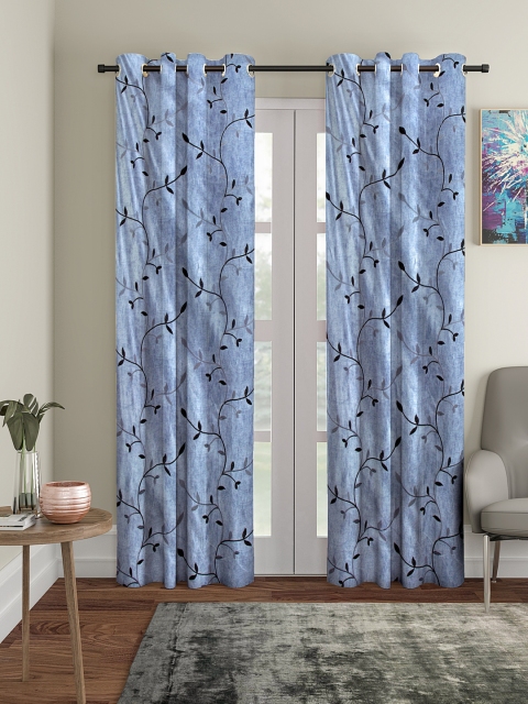 

Cortina Blue & Black Set of 2 Floral Embroidered Long Door Curtains