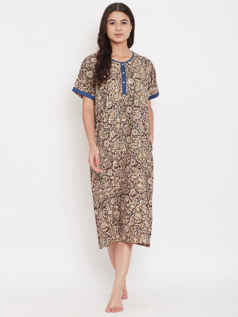 

The Kaftan Company Women Brown & Beige Kalamkari Printed Midi Nightdress