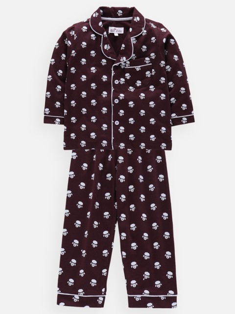 

Nite Flite Unisex Kids Brown & White Printed Night suit