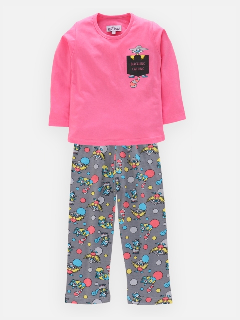 

Nite Flite Girls Pink & Grey Cat and Duck Printed Night Suit