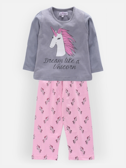 

Nite Flite Girls Pink & Grey Unicorn Printed Night suit