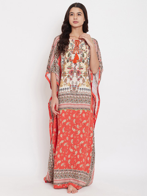 

The Kaftan Company Women Orange & Cream Printed Kaftan Maxi Nightdress