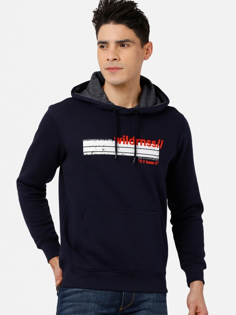 

t-base Men Navy Blue Printed Hooded Sweatshirt