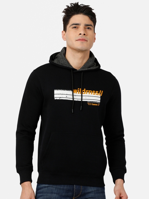 

t-base Men Black Printed Hooded Sweatshirt