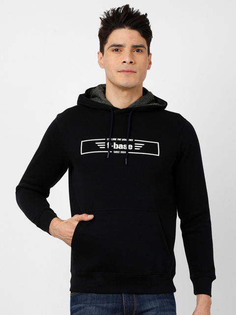 

t-base Men Black Printed Hooded Sweatshirt