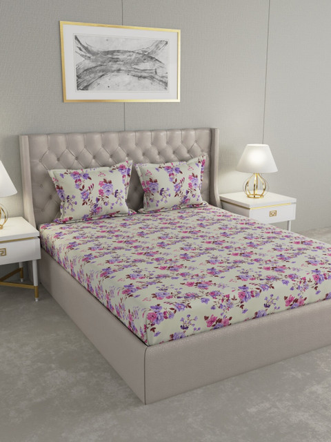 

Raymond Home White & Pink Floral 104 TC Cotton 1 King Bedsheet with 2 Pillow Covers