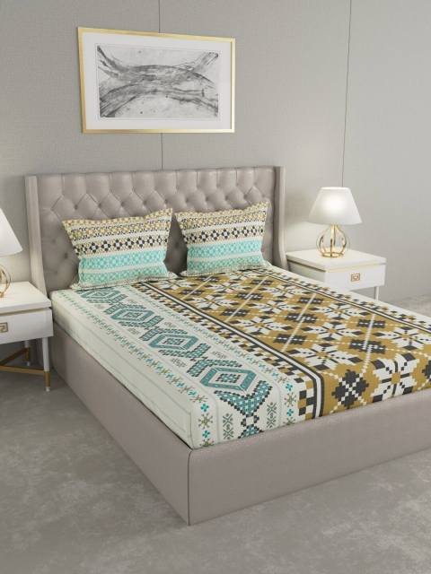 

Raymond Home Off-White & Mustard Yellow Geometric 144 TC Cotton Double King Bedsheet With 2 Pillow Covers