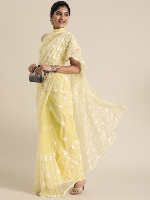 

Inddus Yellow & White Embroidered Net Sheer Saree