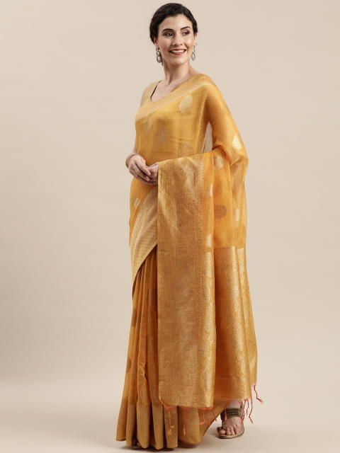 

Pisara Mustard & Gold-Toned Silk Cotton Woven Design Chanderi Saree