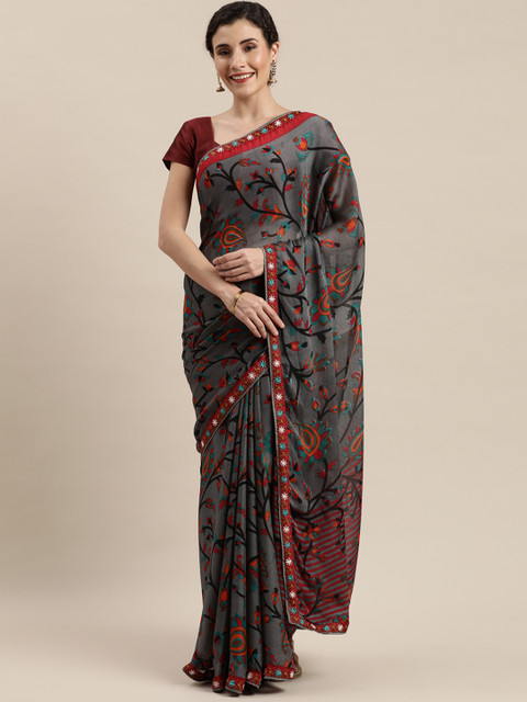 

Pisara Grey & Orange Poly Chiffon Printed Saree with Thread Work