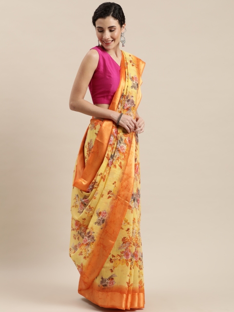 

Pisara Yellow & Rust Orange Linen Blend Floral Printed Saree