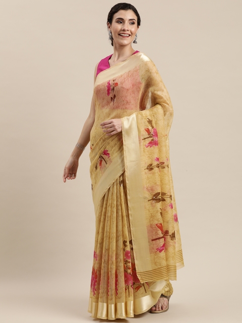 

Pisara Beige Floral Printed Linen Blend Saree