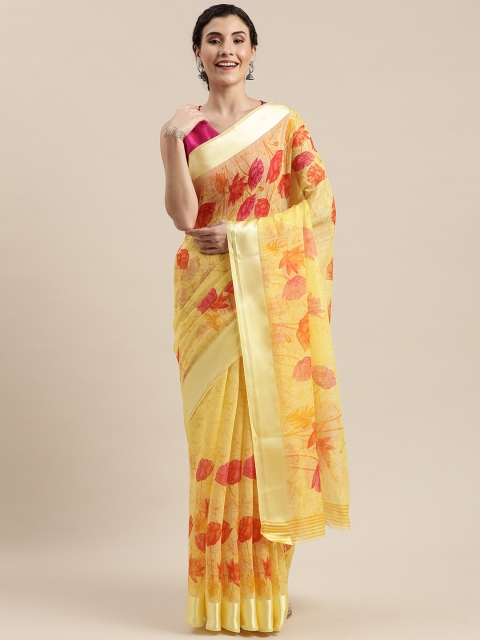 

Pisara Yellow Floral Printed Linen Blend Saree