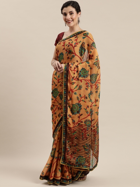 

Pisara Mustard Yellow & Red Poly Chiffon Floral Printed Saree