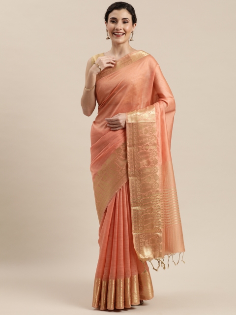 

Pisara Peach-Coloured & Gold-Toned Silk Cotton Woven Design Chanderi Saree