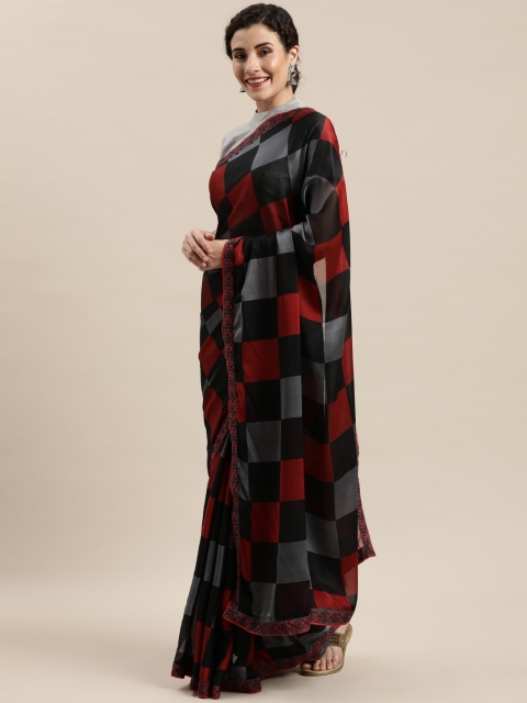 

Pisara Black & Maroon Poly Chiffon Checked Saree