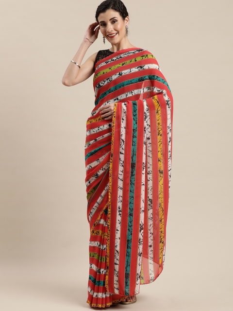 

Pisara Red & White Pure Georgette Striped Saree