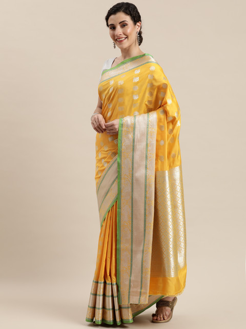 

Pisara Yellow & Silver-Coloured Silk Cotton Woven Design Banarasi Saree