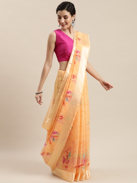 

Pisara Orange & Pink Linen Blend Floral Printed Saree
