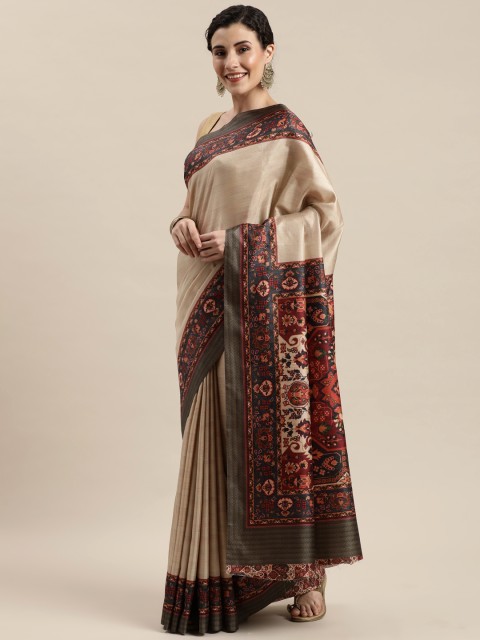 

Pisara Beige Solid Poly Silk Saree with Digital Printed Border