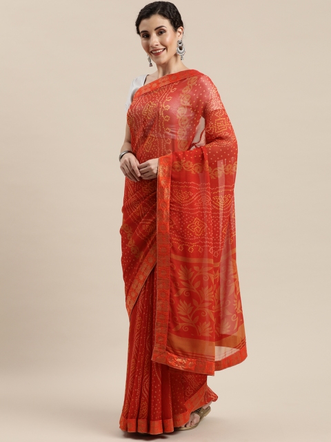

Pisara Orange & Mustard Yellow Pure Georgette Printed Bandhani Saree