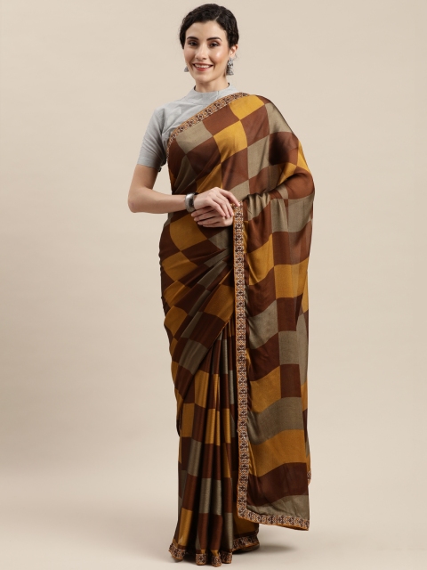 

Pisara Brown & Mustard Yellow Poly Chiffon Checked Saree