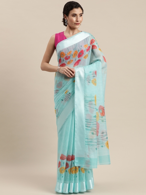 

Pisara Blue Floral Printed Linen Blend Saree