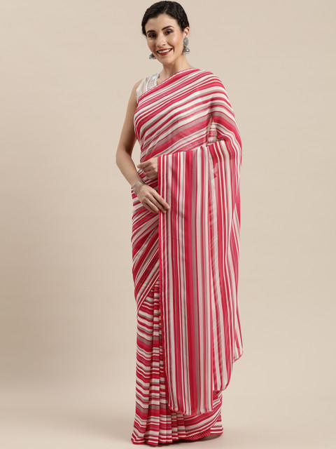 

Pisara Pink & Off-White Pure Georgette Striped Saree
