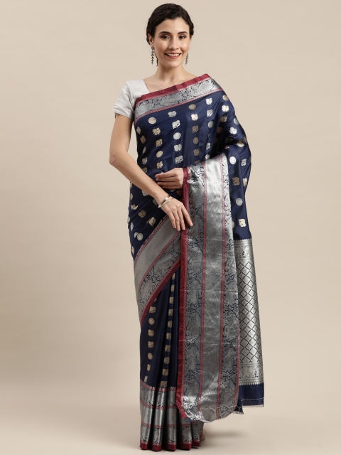

Pisara Navy Blue & Silver-Coloured Silk Cotton Woven Design Banarasi Saree