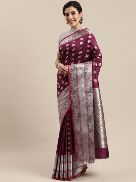 

Pisara Purple & Silver-Coloured Silk Cotton Woven Design Banarasi Saree