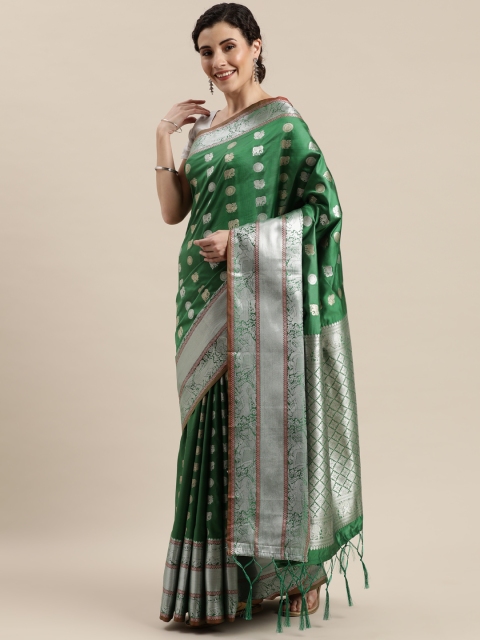 

Pisara Green & Silver-Coloured Silk Cotton Woven Design Banarasi Saree