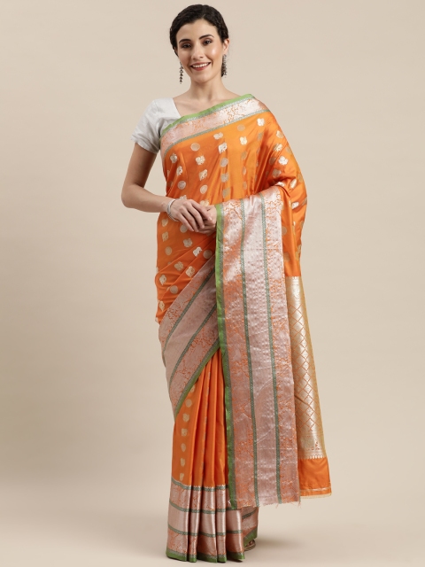 

Pisara Orange & Silver-Coloured Silk Cotton Woven Design Banarasi Saree