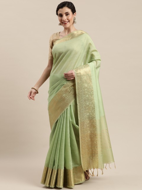 

Pisara Green & Golden Silk Cotton Solid Chanderi Saree