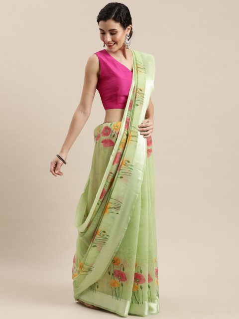 

Pisara Lime Green & Pink Linen Blend Floral Printed Saree