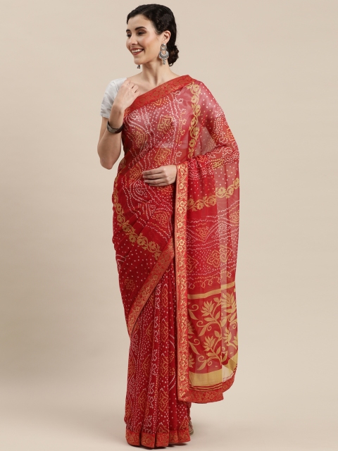 

Pisara Red & White Pure Georgette Printed Bandhani Saree