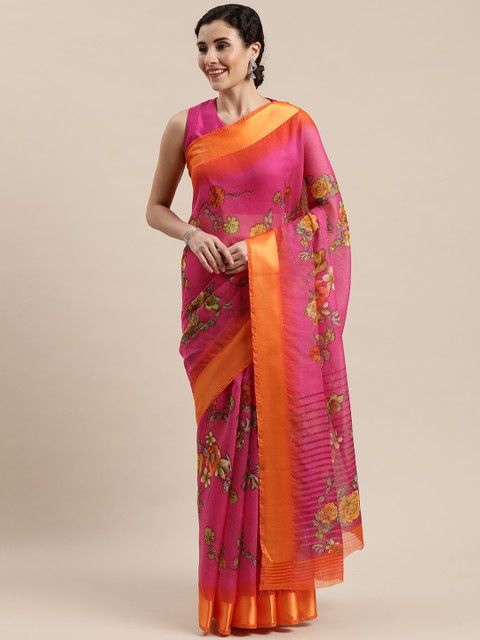 

Pisara Pink & Orange Linen Blend Floral Printed Saree