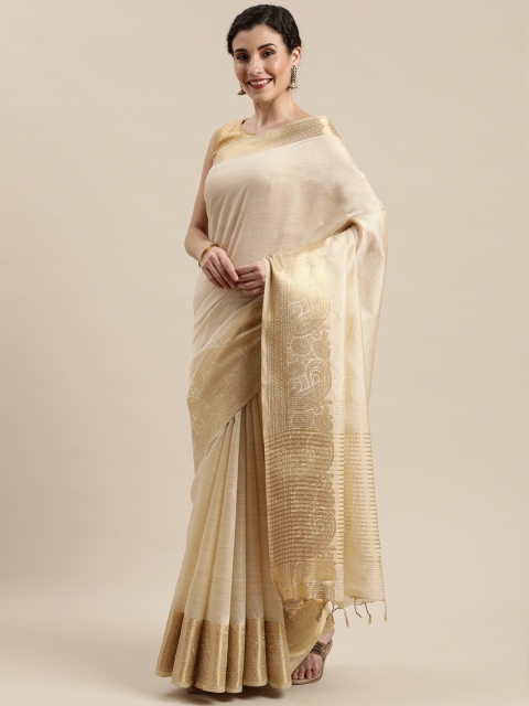 

Pisara Beige & Gold-Toned Silk Cotton Woven Design Chanderi Saree