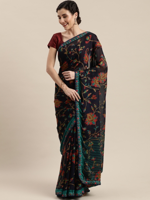 

Pisara Navy Blue & Orange Poly Chiffon Printed Saree with Thread work