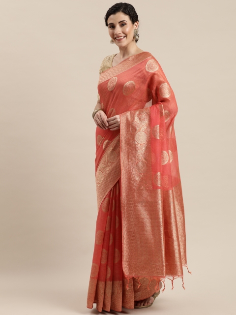 

Pisara Peach-Coloured & Golden Silk Cotton Woven Design Chanderi Saree