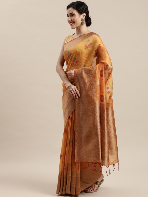 

Pisara Mustard Yellow & Gold-Toned Silk Cotton Woven Design Kanjeevaram Saree