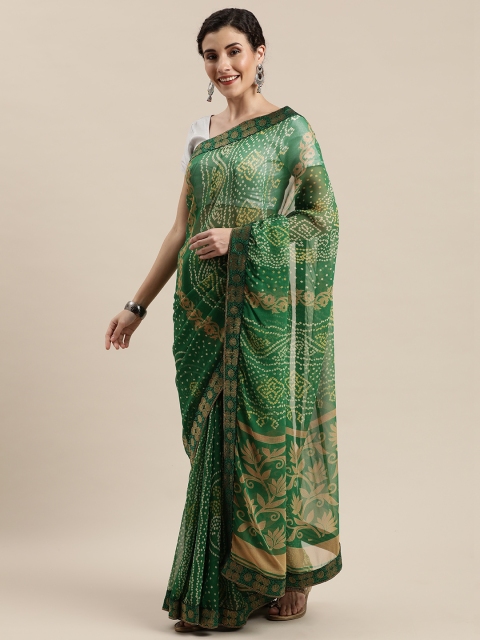 

Pisara Green & Off-White Pure Georgette Printed Bandhani Saree