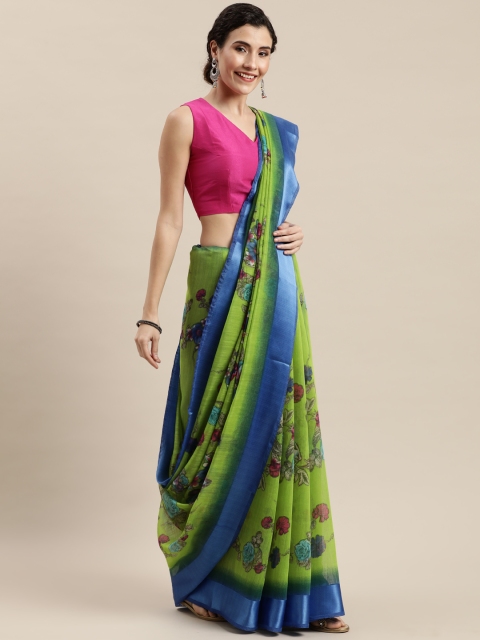 

Pisara Green & Blue Linen Blend Floral Printed Saree