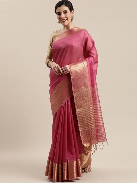 

Pisara Pink & Golden Silk Cotton Solid Chanderi Saree